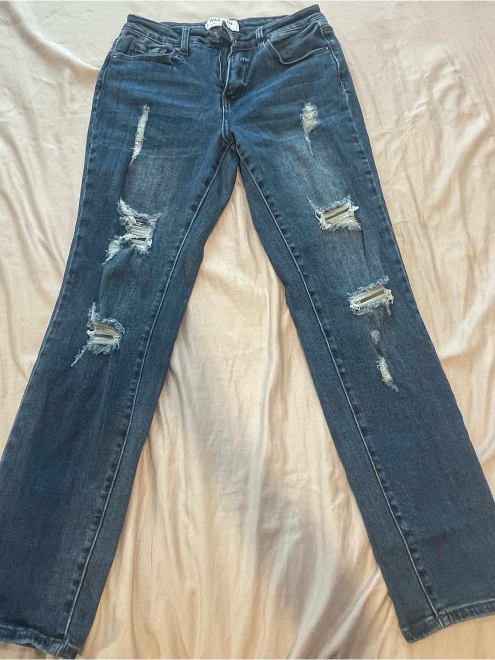 Wax Jean Distressed Straight-Leg Jeans in Dark Blue